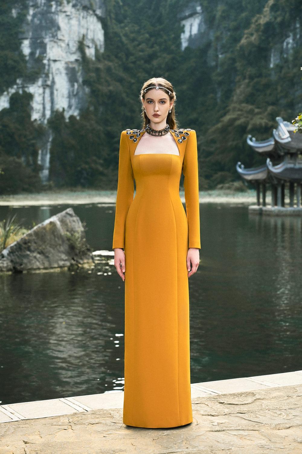 Choker Shoulder Stone Embellished Dress - TRACY COUTURE